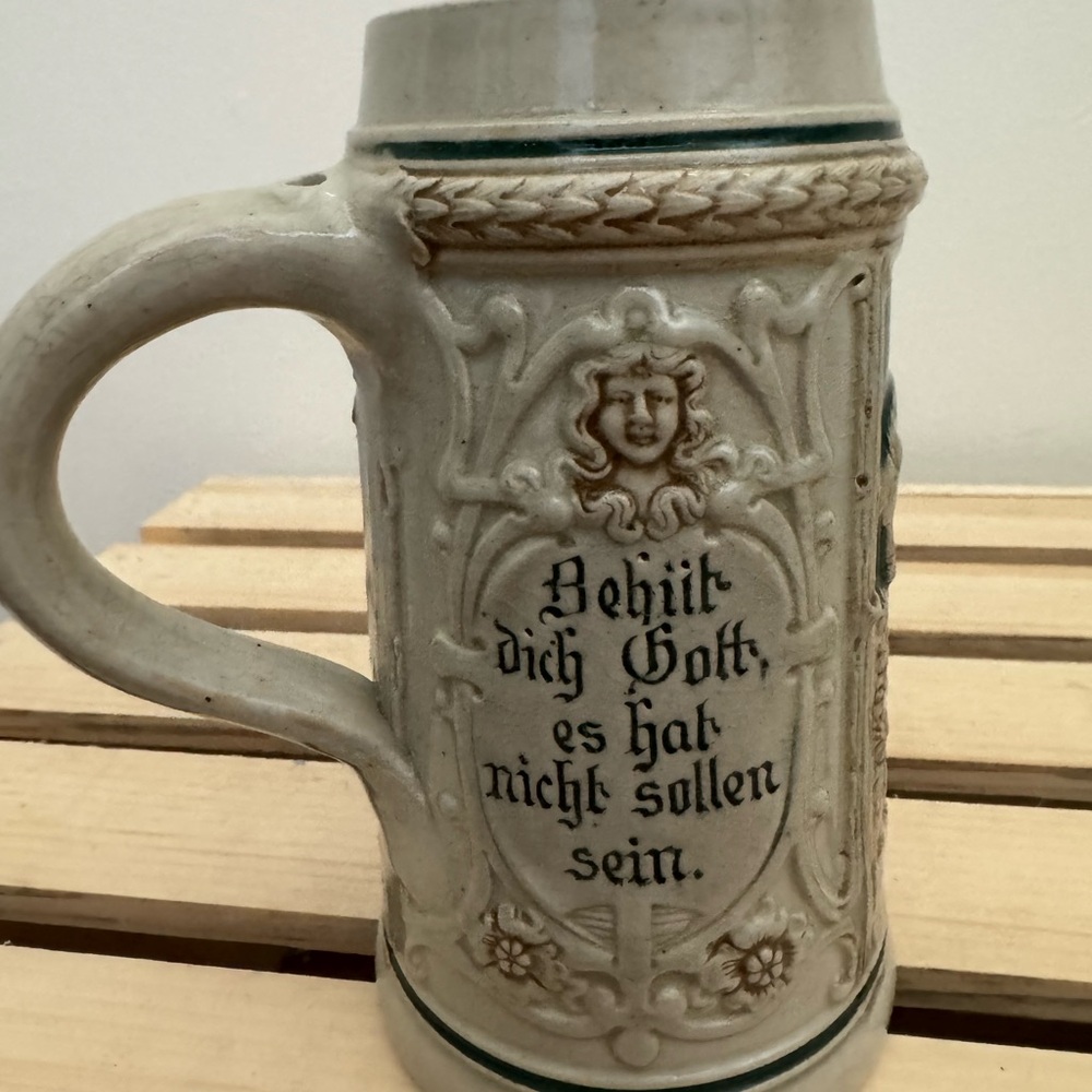 Antique 19thc Stoneware German Beer Stein Tankard Vessle Trompeter Von Sackingen